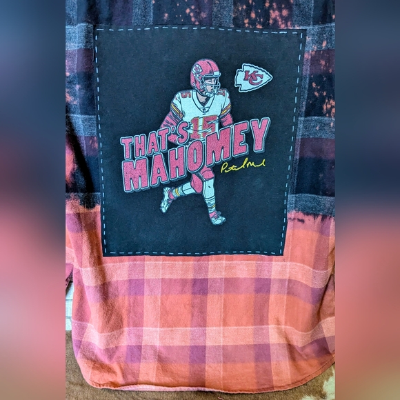 Kansas City Chiefs Mahomies Upcycled Handcrafted Dip Dye Bleach Flannel Shirt - Picture 5 of 15